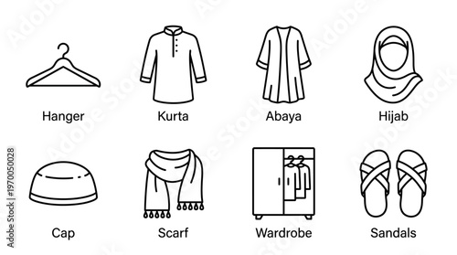 Minimalist clothing icons set, clean black-and-white traditional and everyday wear essentials illustration