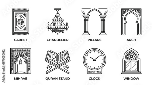 Minimalist Islamic motifs icons set, clean black-and-white cultural design essentials illustration