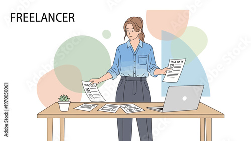 Freelancer working at desk with laptop, documents, and task list