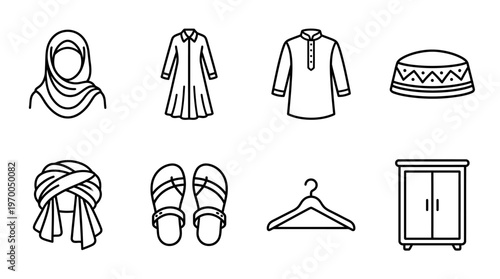 Minimalist clothing icons set, clean black-and-white traditional and everyday wear essentials illustration