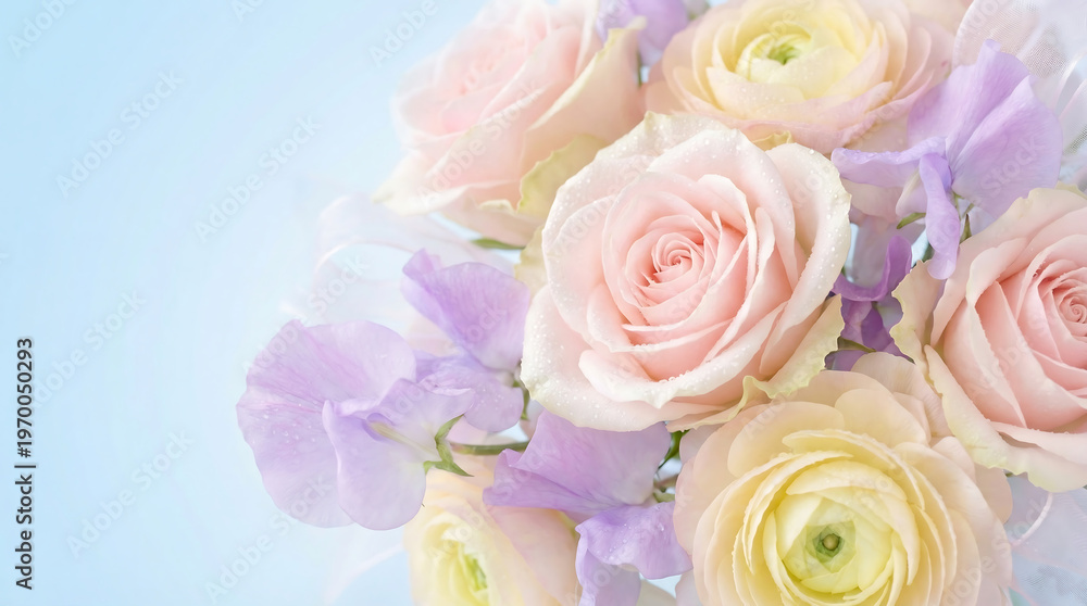 Naklejka premium Elegant bouquet of pastel pink roses and light purple sweet peas on a soft blue background, perfect for spring celebrations. 4k , Generative AI.