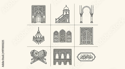Minimalist Islamic architecture icons set, clean black-and-white cultural design essentials illustration