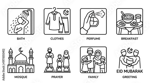 Minimalist Eid morning routine icons set, clean black-and-white festive daily essentials illustration