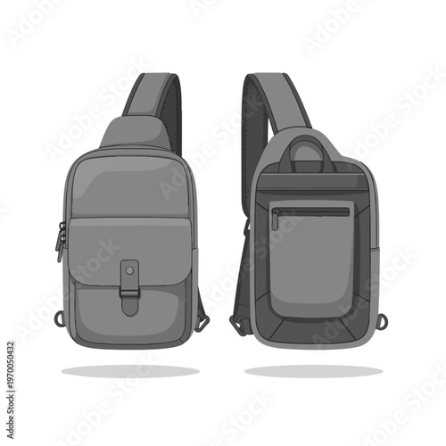 Vector Illustration of Modern Grey Sling Backpacks Front and Back View