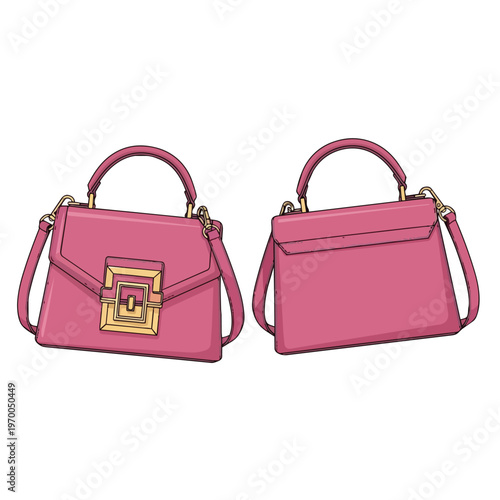 Pink Leather Handbag with Gold Clasp Front and Back View Illustration