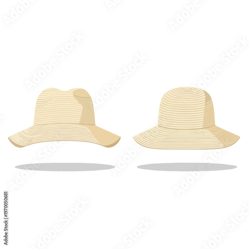 Set of Two Beige Straw Sun Hats Isolated on White Background