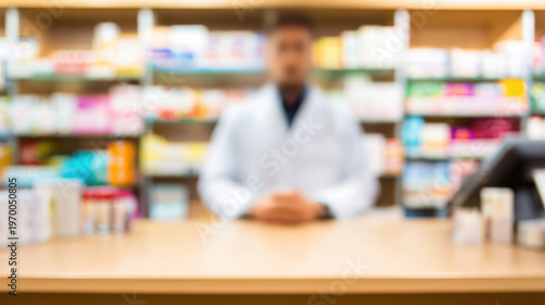 A male pharmacist stands behind the counter with shelves of medicine blurred in the background inside the pharmacy environment presently.