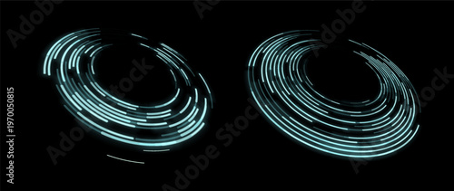 Neon circular motion trails with segmented arcs futuristic UI elements for digital dashboard and cyber interface isolated