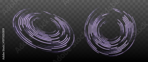 Futuristic purple neon circular HUD rings with segmented glowing arcs and rotating digital interface elements isolated on transparent background