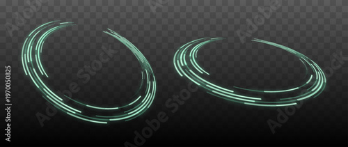Futuristic glowing circular HUD rings set with segmented neon lines and digital interface elements isolated on transparent background