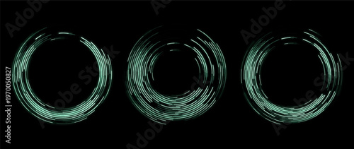 Abstract sci fi radial light rings collection with rotating segments and holographic glow technology interface design