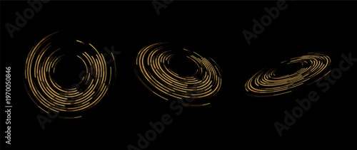 Futuristic golden circular HUD rings with segmented glowing arcs and rotating digital interface elements isolated on transparent background