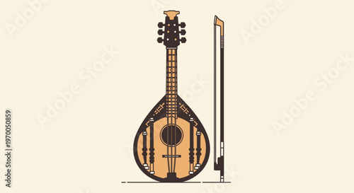 Bouzouki instrument and bow on beige background