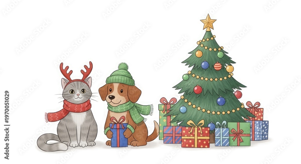 Fototapeta premium Festive animals and christmas tree a holiday scene