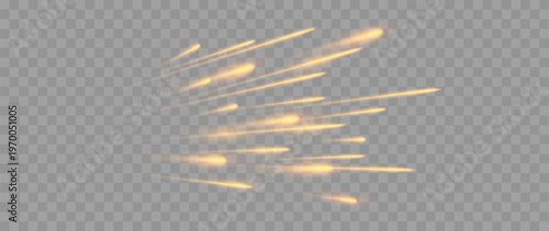 Fast glowing gold light streaks motion blur effect isolated on transparent background futuristic speed lines design