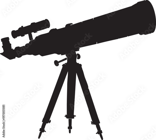 Telescope on tripod for stargazing and astronomy observations in a silhouette style