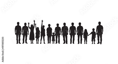 A group of people standing in a line in silhouette on white background isolated on transparent background