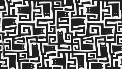 Black cats in a maze background with evergreen elements