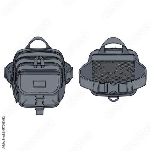 Technical Fashion Sketch of a Tactical Waist Bag with Belt and Buckle