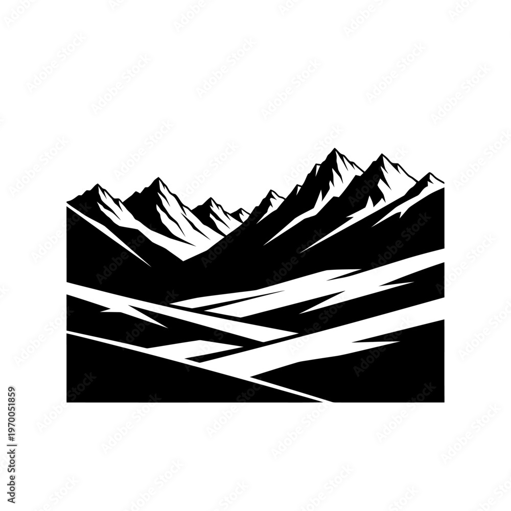 Fototapeta premium Monochrome Mountain Range Silhouette with Jagged Peaks and Snowy Slopes.