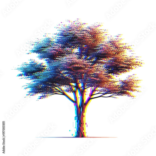 A colorful illustration of a tree standing alone in a peaceful environment with vibrant leaves and a sturdy trunk
