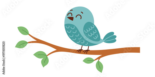 Cute blue bird sitting on tree branch isolated on white background. Simple adorable spring illustration for Easter design, greeting cards, nursery decor and kids projects. Flat vector. Hand drawn.