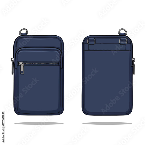 Blue Crossbody Phone Bag Front and Back View Flat Vector Illustration
