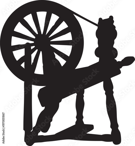 Person spinning yarn on a traditional wheel black silhouette against white background textile production concept