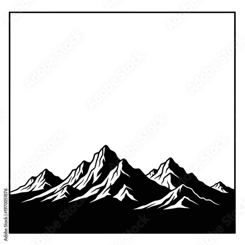 Monochrome Mountain Range Silhouette with Jagged Peaks and Rocky Ridges.