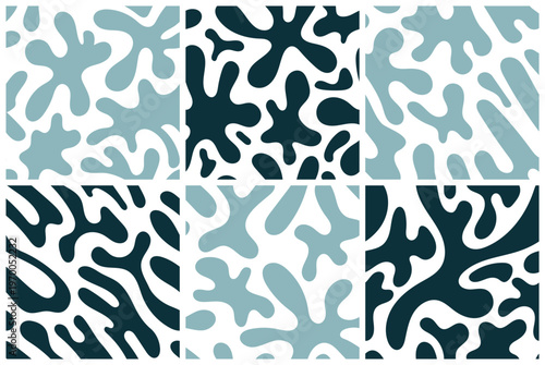 Set of seamless vector patterns with organic blue ink blots and abstract fluid shapes on white