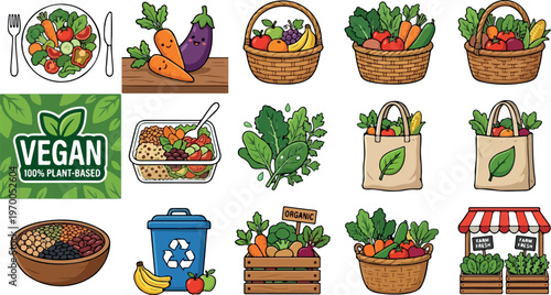 Vegan plant-based food icons with fresh vegetables, Fruits, And eco-friendly packaging