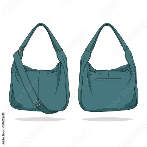 Teal Leather Shoulder Bag Illustration Front and Back View