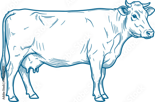Dairy cow standing in profile view blue ink illustration