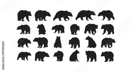 A collection of various bear silhouettes in different walking postures and angles isolated on transparent background
