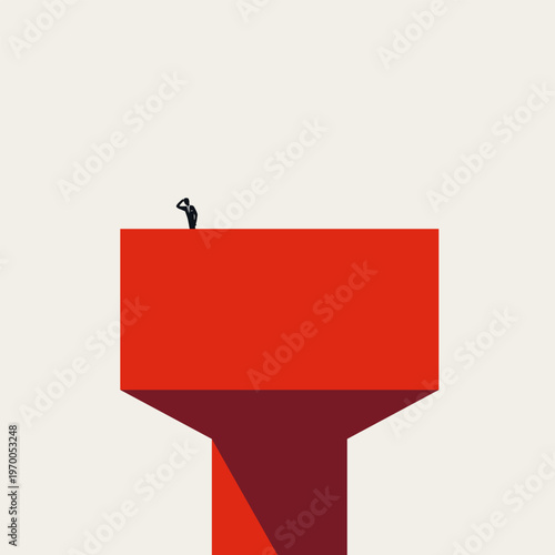 Vector minimalist illustration of a tiny business leader standing on a huge red cantilevered structure, representing facing fear and taking courage for growth and success. Symbol for building
