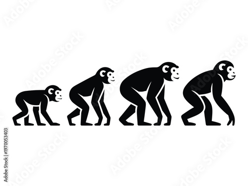 Four black monkey silhouettes in different postures isolated on white background