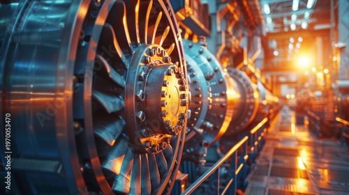 A powerful gas turbine with blades rotates in an industrial hall bathed in orange light, illustrating energy generation and serving as the main backdrop for energy-related publications.