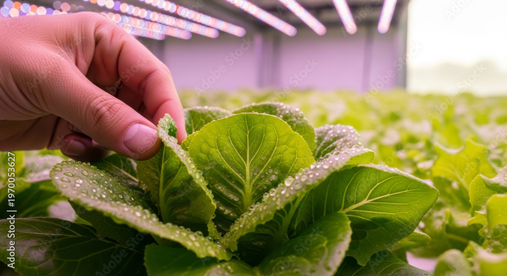 Obraz premium Close-up of A Hand Inspecting Fresh, Dewy Lettuce Leaves in A Modern Indoor Farm with Vibrant LED Lighting Concept Delicious Food
