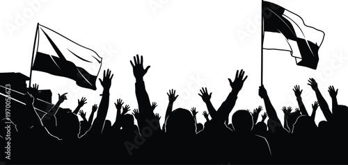 Crowd celebration silhouette people raising hands with flags waving