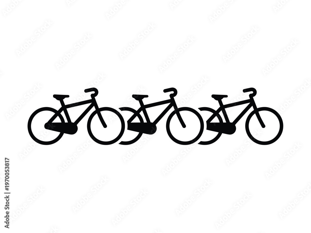 Obraz premium Three black bicycles in a row on a white background