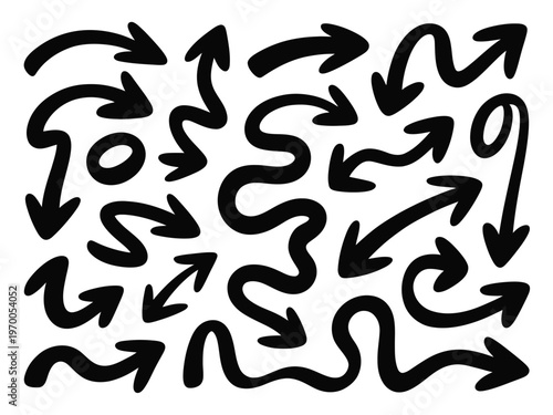 A chaotic arrangement of black arrows on a white background isolated on white background