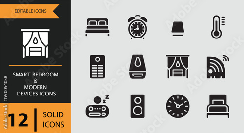 Smart bedroom and modern devices icons on gray background