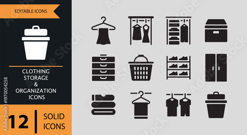 Clothing storage and organization icons in solid black on gray