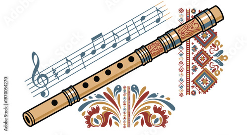 Flute instrument with musical notes and Indian pattern vector