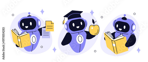 Ai education with robot character wearing graduation cap and reading book. Learning, knowledge, studying vector illustration.
