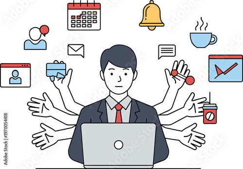 multitasking businessman illustration, productivity concept, time management workflow, digital work efficiency, office tasks balance, business professional working, modern technology lifestyle design