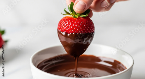 Feminine Hand Dips A Fresh Strawberry Into Rich Chocolate Sauce, Showcasing A Delectable Treat Perfect for Desserts Concept Delicious Food