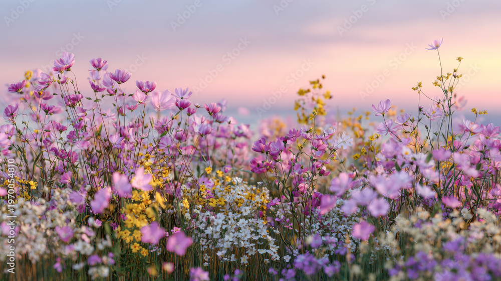 Obraz premium Pastel wildflower meadow in soft summer evening light with pink lilac white and yellow blooms, serene natural landscape, 3d illustration