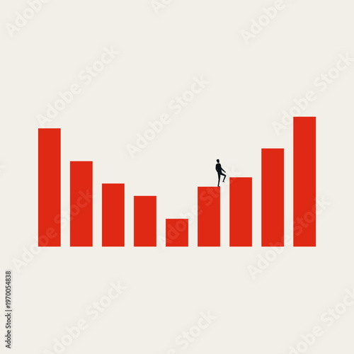 Minimal vector illustration concept of business finance recovery and growth. A corporate businessman climbing an upward red chart, representing success to restart and rebuild after economic crisis.