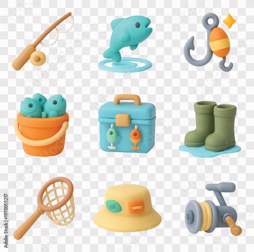 Fishing Vector Icon Set | 3D icon set | a fishing rod, a jumping fish, a fishing hook with a bobber, a bucket of fish, a tackle box, rubber boots, a landing net, a bucket hat, and a fishing reel